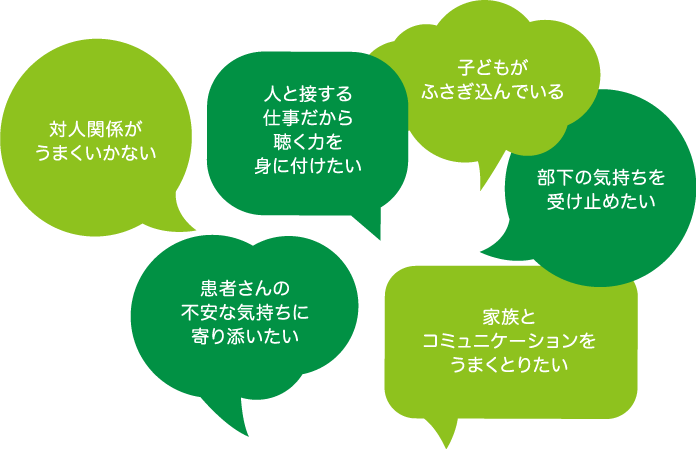 こんな人にオススメです。対人関係がうまくいかない。人と接する仕事だから聴く力を身に付けたい。子供がふさぎ込んでいる。部下の気持ちを受け止めたい。家族とコミュニケーションをうまくとりたい。患者さんの不安な気持ちに寄り添いたい。家族とコミュニケーションをうまくとりたい